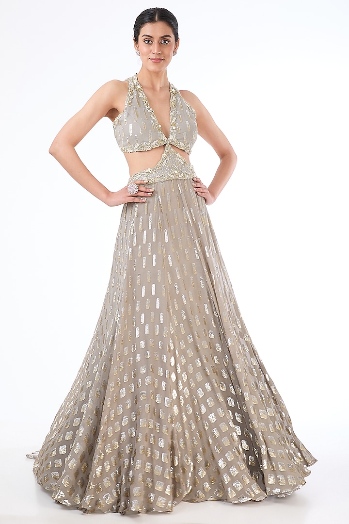 Grey Georgette Sequins Embroidered Gown by Rabani & Rakha