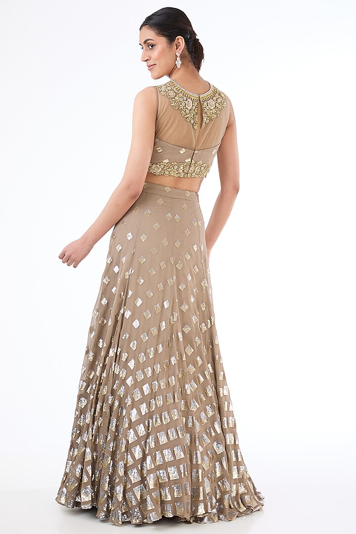 Gold Georgette Sequins Embroidered Bridal Lehenga Set by Rabani & Rakha at Pernia's Pop Up Shop