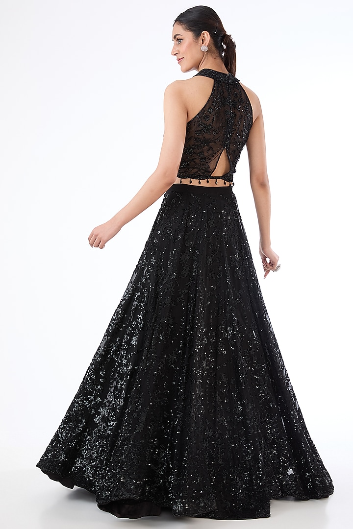 Black Net & Georgette Hand Embroidered Bridal Lehenga Set by Rabani & Rakha at Pernia's Pop Up Shop