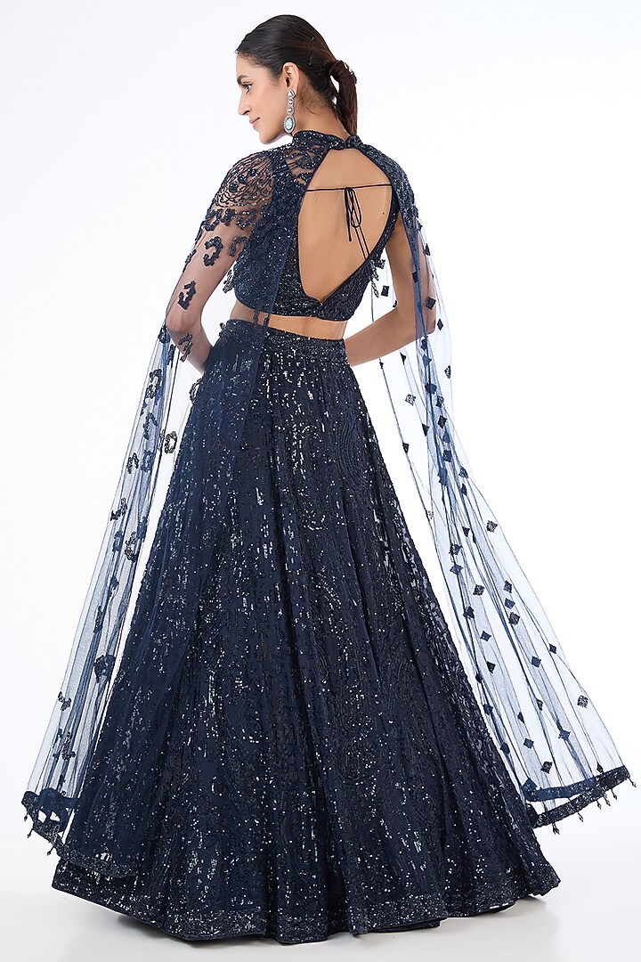 Blue Georgette & Net Hand Embroidered Bridal Lehenga Set by Rabani & Rakha at Pernia's Pop Up Shop