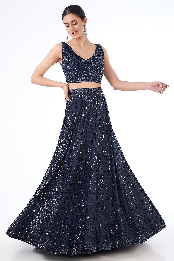 Blue Georgette & Net Hand Embroidered Bridal Lehenga Set by Rabani & Rakha at Pernia's Pop Up Shop