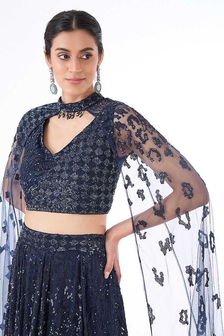 Blue Georgette & Net Hand Embroidered Bridal Lehenga Set by Rabani & Rakha at Pernia's Pop Up Shop