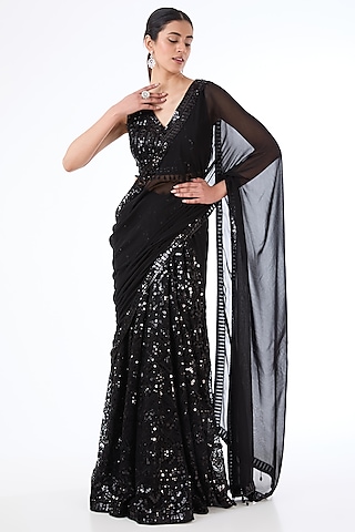 Black Georgette Sequins Embroidered Lehenga Saree Set by Rabani & Rakha