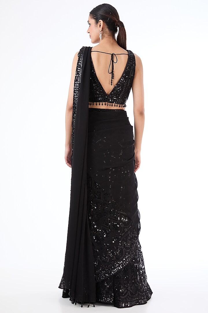 Black Georgette Sequins Embroidered Reception Lehenga Saree Set by Rabani & Rakha at Pernia's Pop Up Shop
