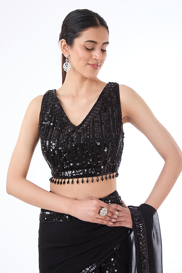 Black Georgette Sequins Embroidered Reception Lehenga Saree Set by Rabani & Rakha at Pernia's Pop Up Shop