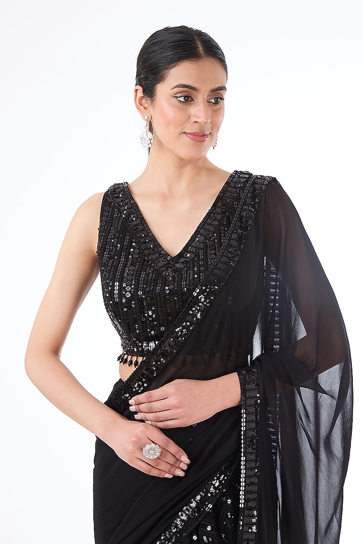Black Georgette Sequins Embroidered Reception Lehenga Saree Set by Rabani & Rakha at Pernia's Pop Up Shop