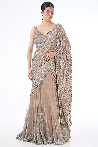 Grey Georgette & Net Hand Embroidered Lehenga Saree Set by Rabani & Rakha