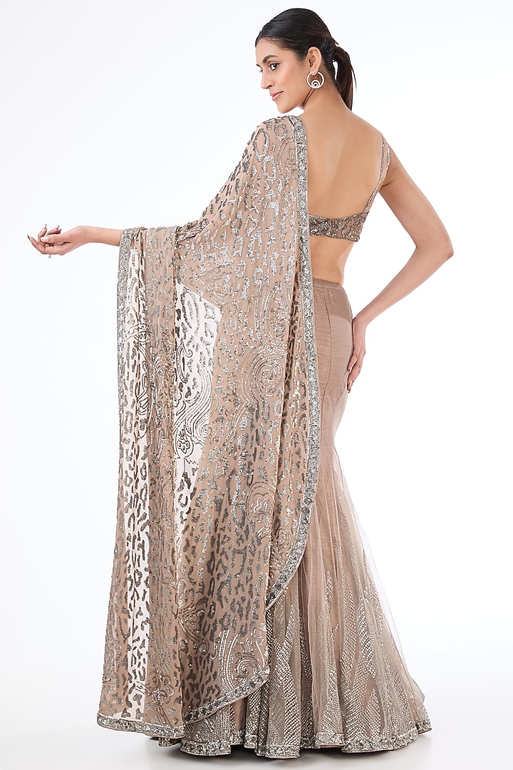 Grey Georgette & Net Hand Embroidered Bridal Lehenga Saree Set by Rabani & Rakha at Pernia's Pop Up Shop