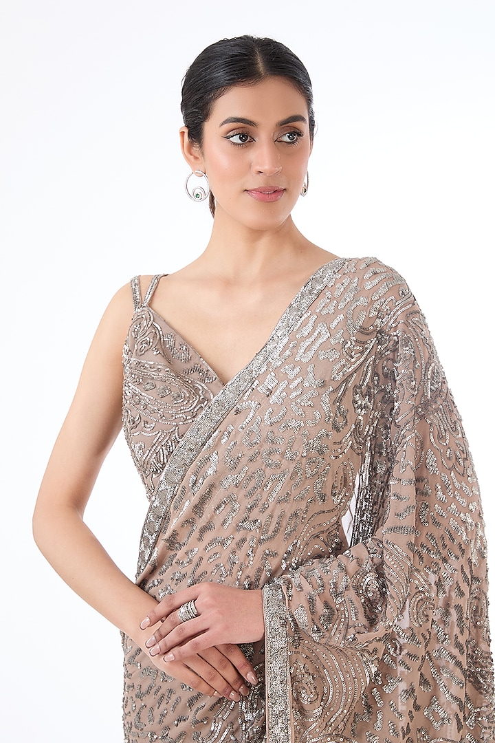 Grey Georgette & Net Hand Embroidered Bridal Lehenga Saree Set by Rabani & Rakha at Pernia's Pop Up Shop