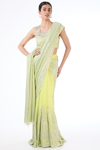 Neon Yellow Georgette Sequins Embroidered Lehenga Saree Set by Rabani & Rakha