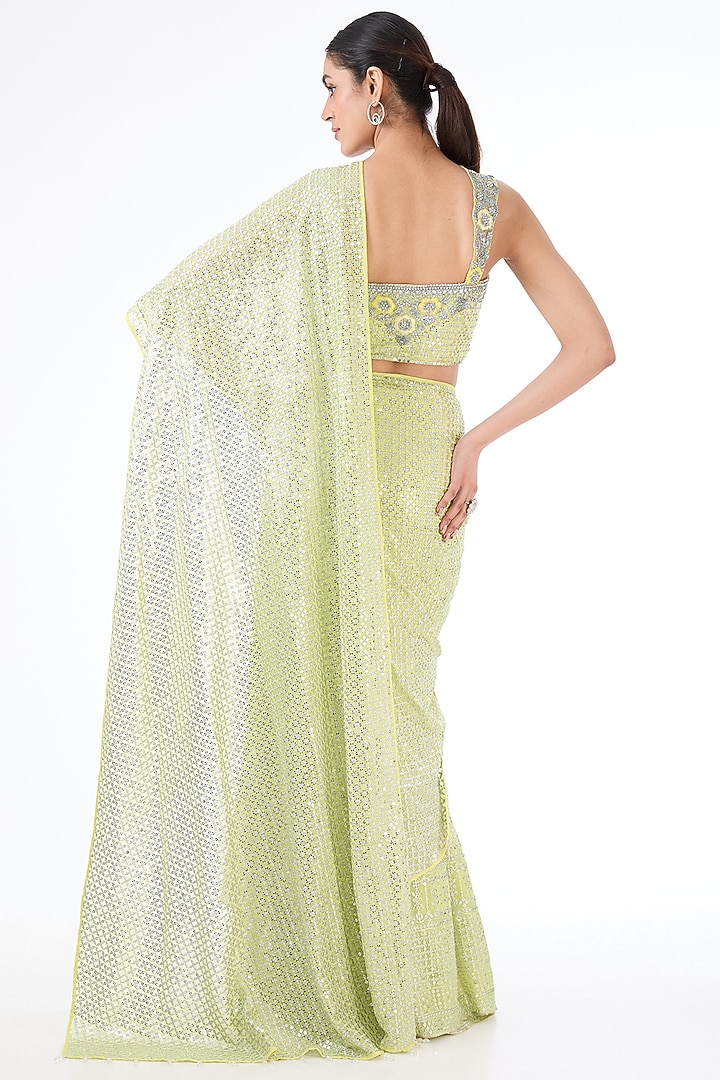 Neon Yellow Georgette Sequins Embroidered Reception Lehenga Saree Set by Rabani & Rakha at Pernia's Pop Up Shop