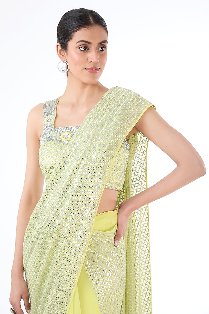 Neon Yellow Georgette Sequins Embroidered Reception Lehenga Saree Set by Rabani & Rakha at Pernia's Pop Up Shop