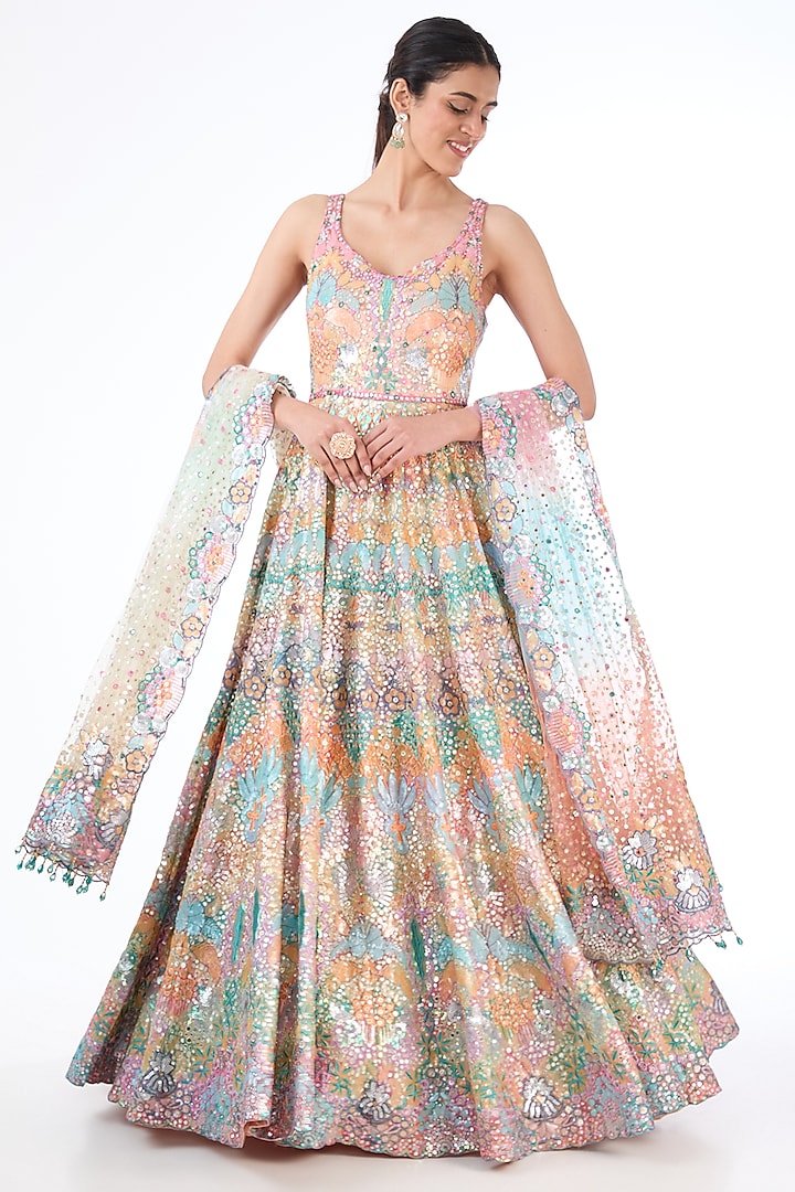 Multi-Colored Georgette Sequins Embroidered Anarkali Set by Rabani & Rakha