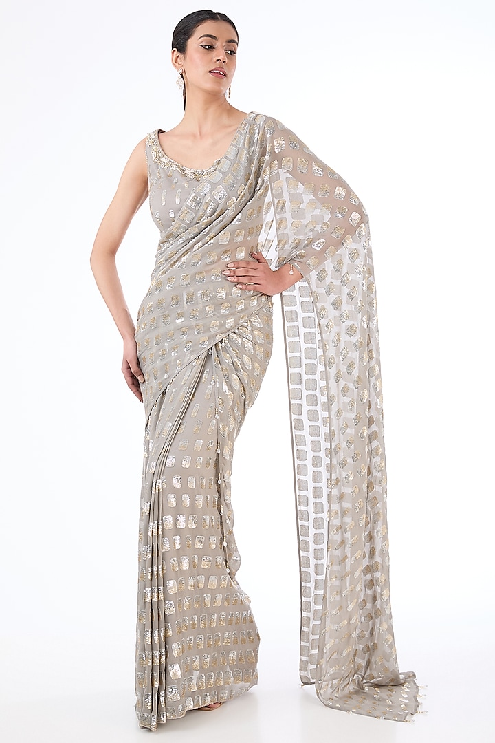 Grey Georgette Sequins Embroidered Pre-Stitched Saree Set by Rabani & Rakha