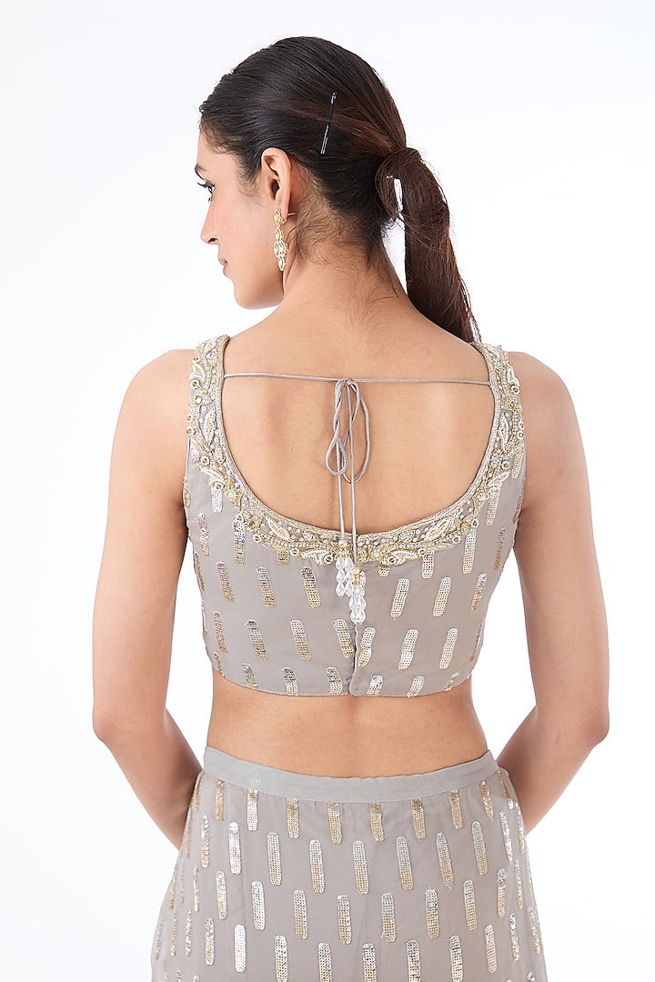 Grey Georgette Sequins Embroidered Pre-Stitched Reception Saree Set by Rabani & Rakha at Pernia's Pop Up Shop