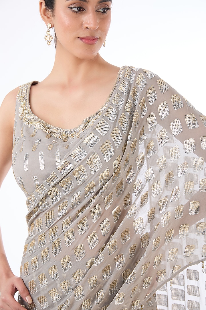 Grey Georgette Sequins Embroidered Pre-Stitched Reception Saree Set by Rabani & Rakha at Pernia's Pop Up Shop