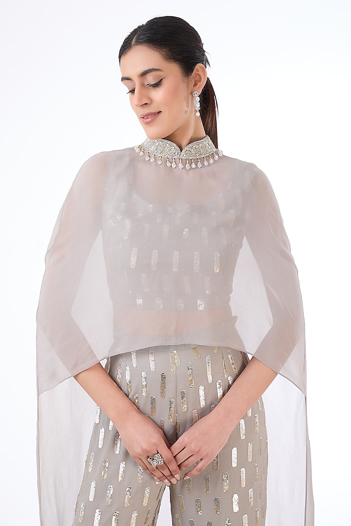 Grey Georgette Sequins Embroidered Cape Set by Rabani & Rakha at Pernia's Pop Up Shop