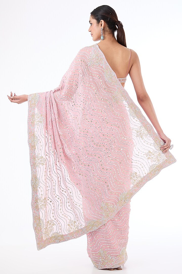 Pink Georgette Hand Embroidered Reception Saree Set by Rabani & Rakha at Pernia's Pop Up Shop