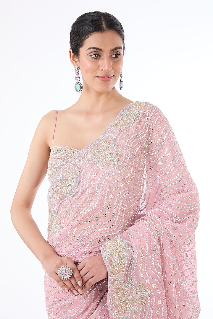 Pink Georgette Hand Embroidered Reception Saree Set by Rabani & Rakha at Pernia's Pop Up Shop