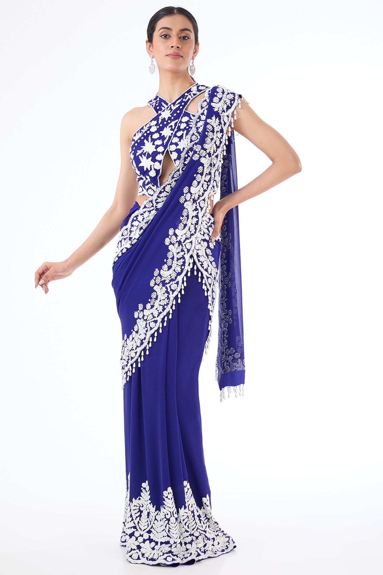 Contrast Border Georgette Saree in Royal Blue : SHE4080