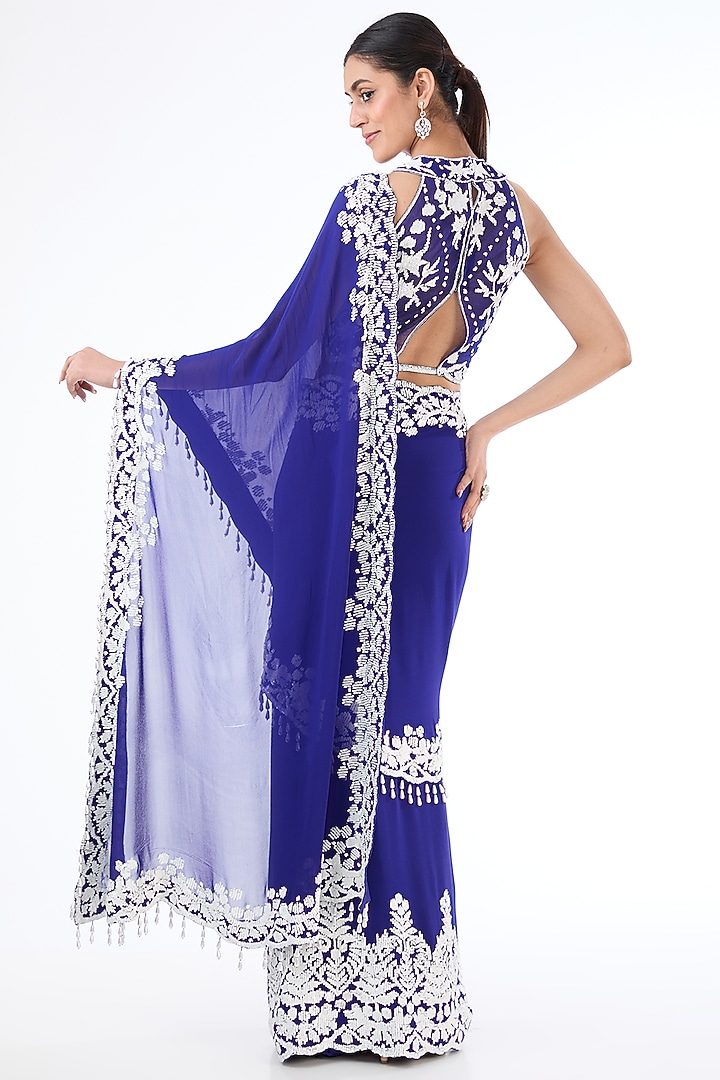 Indigo Blue Georgette & Net Hand Embroidered Reception Lehenga Saree Set by Rabani & Rakha at Pernia's Pop Up Shop