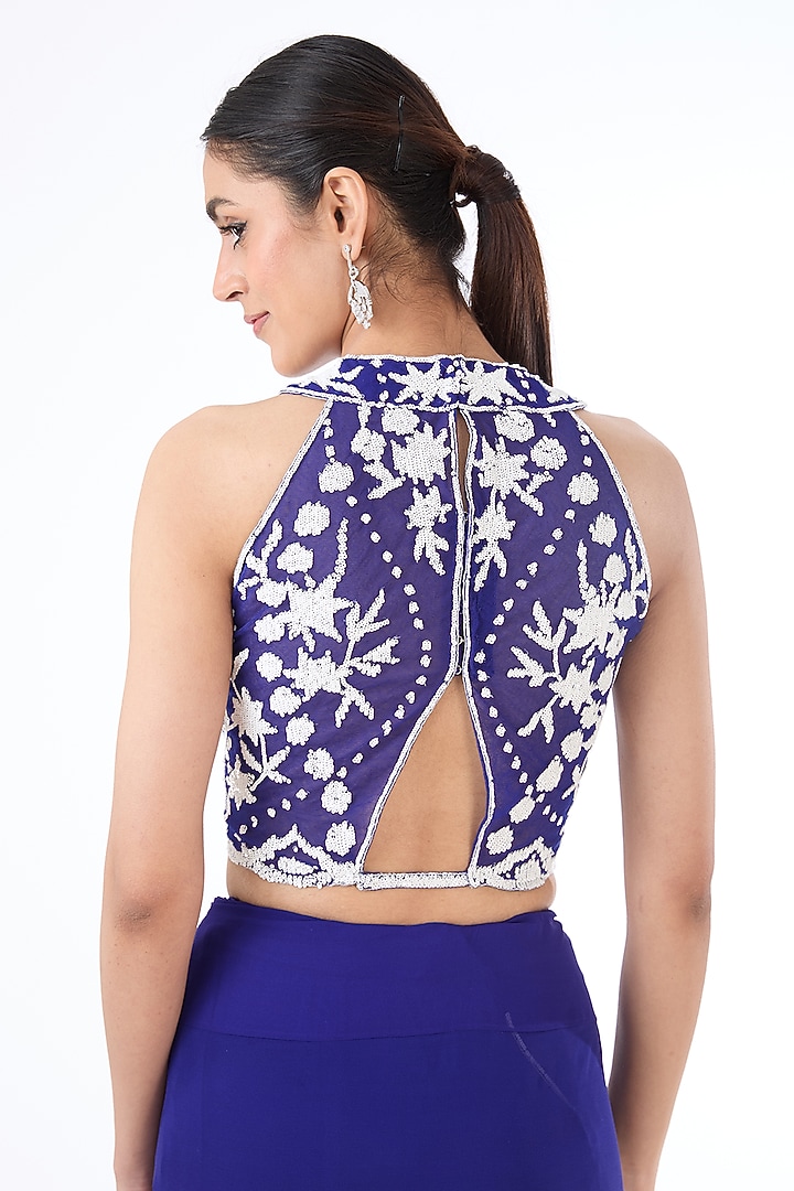 Indigo Blue Georgette & Net Hand Embroidered Reception Lehenga Saree Set by Rabani & Rakha at Pernia's Pop Up Shop
