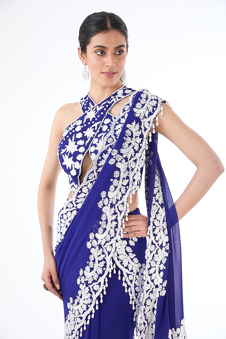 Indigo Blue Georgette & Net Hand Embroidered Reception Lehenga Saree Set by Rabani & Rakha at Pernia's Pop Up Shop