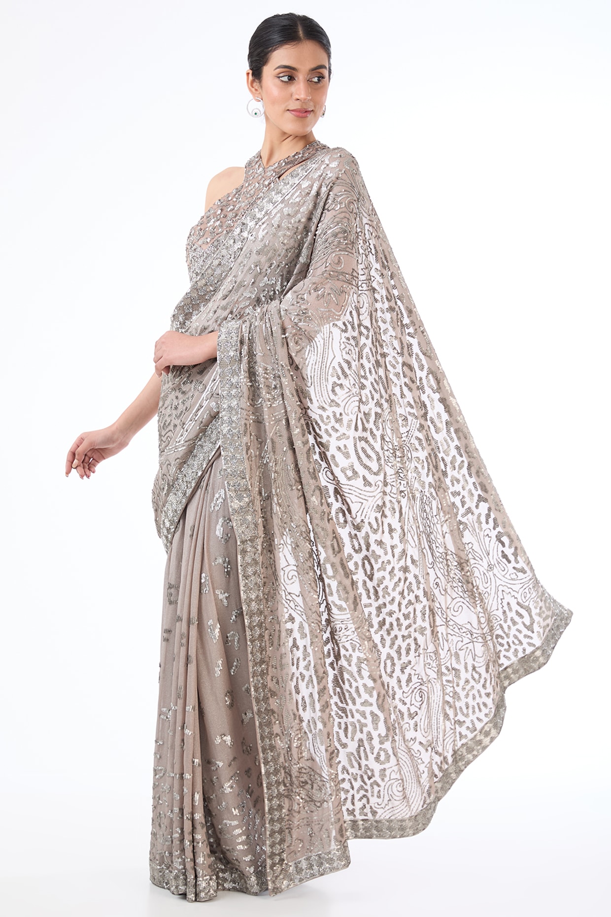 Ash Grey Woven Banarasi Silk Saree – Zari Banaras