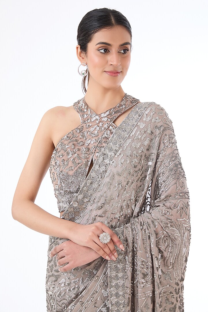 Grey Georgette Hand Embroidered Reception Saree Set by Rabani & Rakha at Pernia's Pop Up Shop