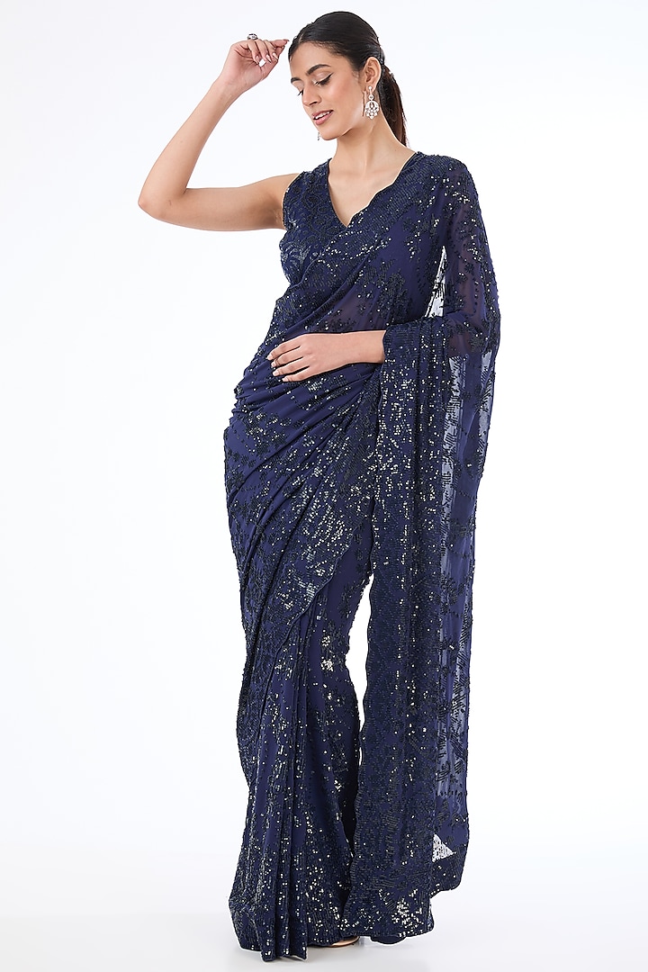Blue Georgette & Net Hand Embroidered Saree Set by Rabani & Rakha