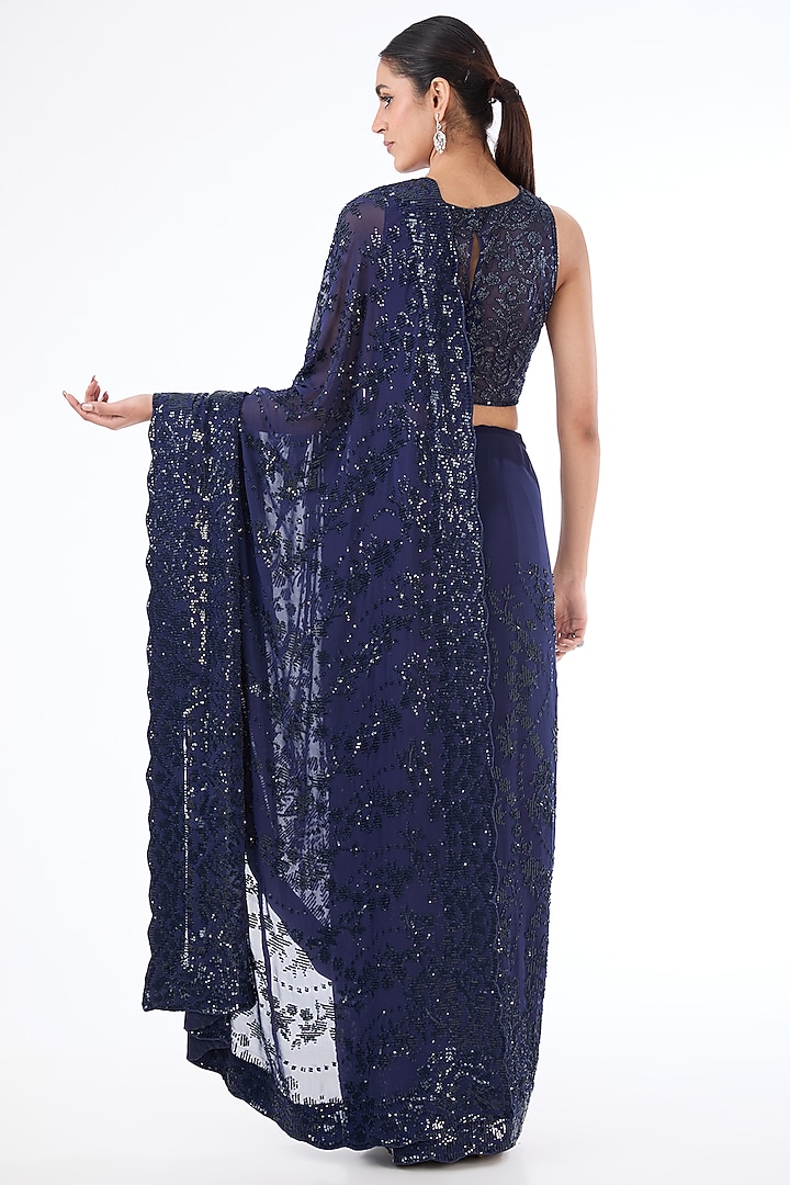 Blue Georgette & Net Hand Embroidered Bridal Saree Set by Rabani & Rakha at Pernia's Pop Up Shop