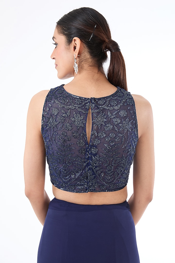 Blue Georgette & Net Hand Embroidered Bridal Saree Set by Rabani & Rakha at Pernia's Pop Up Shop