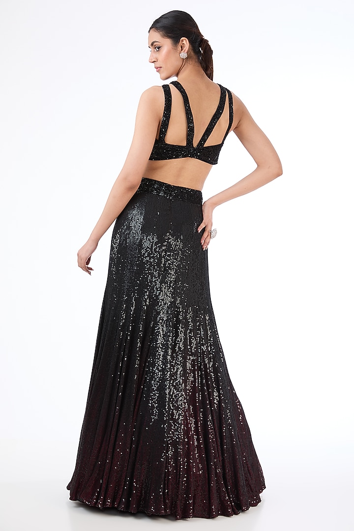 Black & Maroon Shaded Georgette Hand Embroidered Bridal Gown by Rabani & Rakha at Pernia's Pop Up Shop