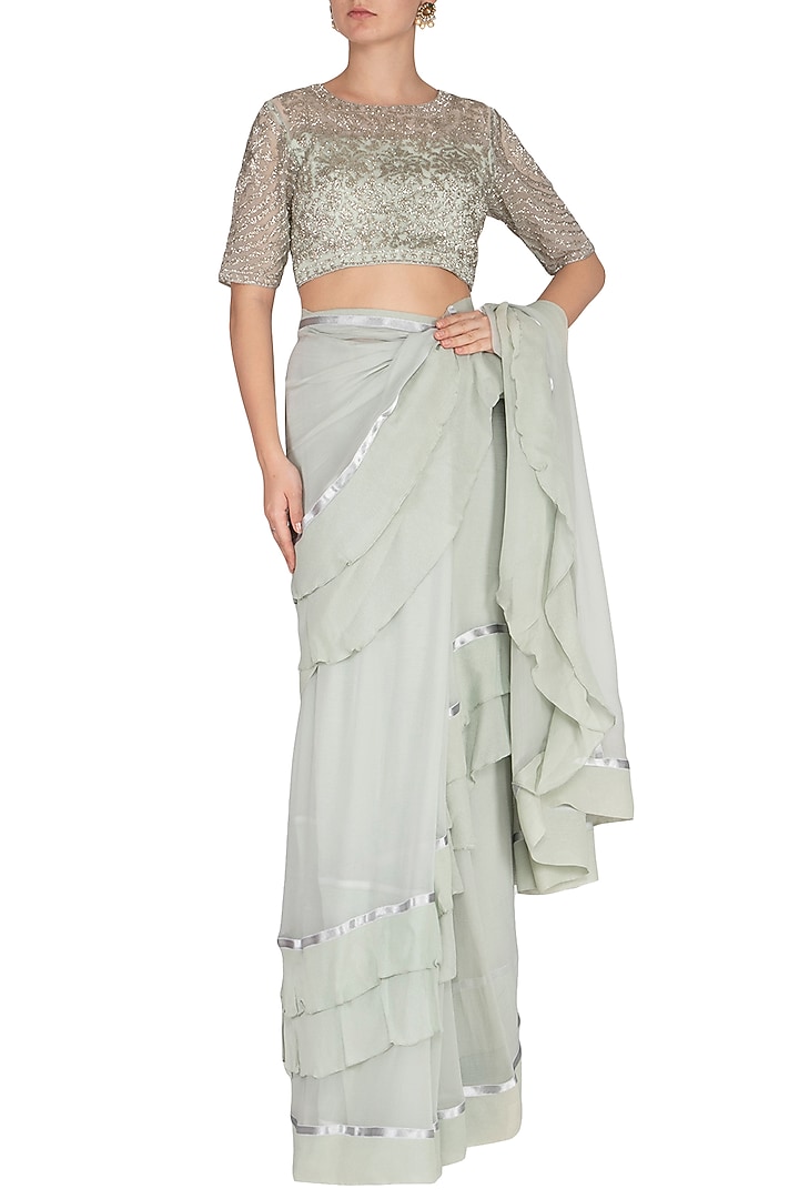 Aqua Chiffon & Georgette Foil Work Frilled Wedding Saree Set by Rabani & Rakha at Pernia's Pop Up Shop