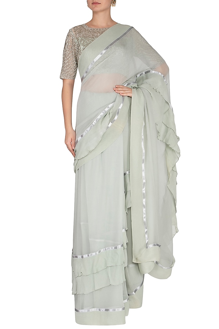 Aqua Chiffon & Georgette Foil Work Frilled Wedding Saree Set by Rabani & Rakha at Pernia's Pop Up Shop