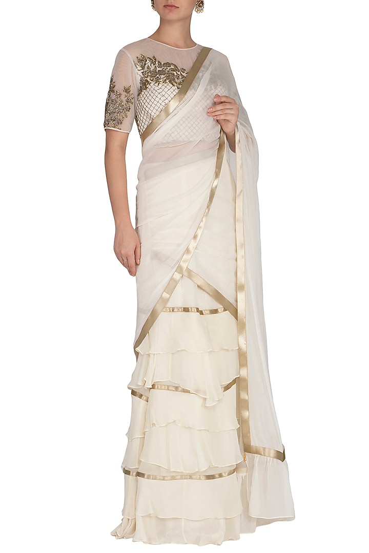 Ivory Georgette Layered Frilled Wedding Saree Set by Rabani & Rakha at Pernia's Pop Up Shop