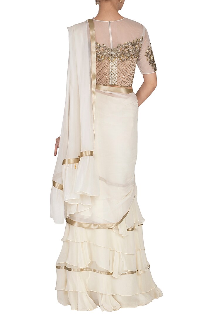 Ivory Georgette Layered Frilled Wedding Saree Set by Rabani & Rakha at Pernia's Pop Up Shop