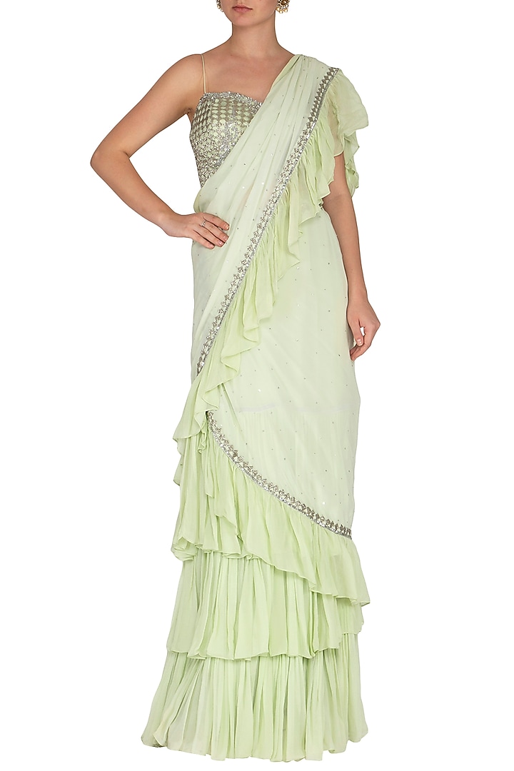 Lime Green Georgette Embroidered Wedding Lehenga Saree Set by Rabani & Rakha at Pernia's Pop Up Shop