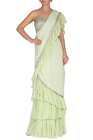 Lime Green Georgette Embroidered Lehenga Saree Set by Rabani & Rakha
