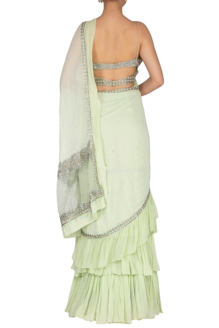 Lime Green Georgette Embroidered Wedding Lehenga Saree Set by Rabani & Rakha at Pernia's Pop Up Shop