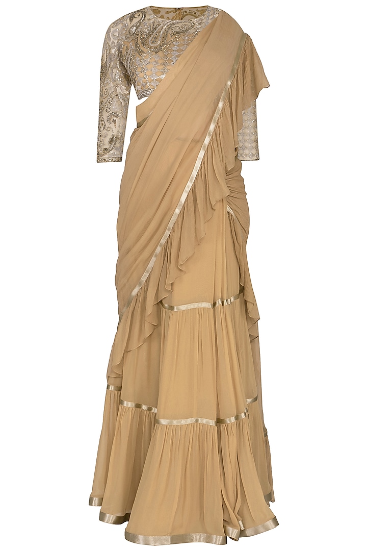 Gold Foil Georgette Embroidered Frill Saree Set  by Rabani & Rakha