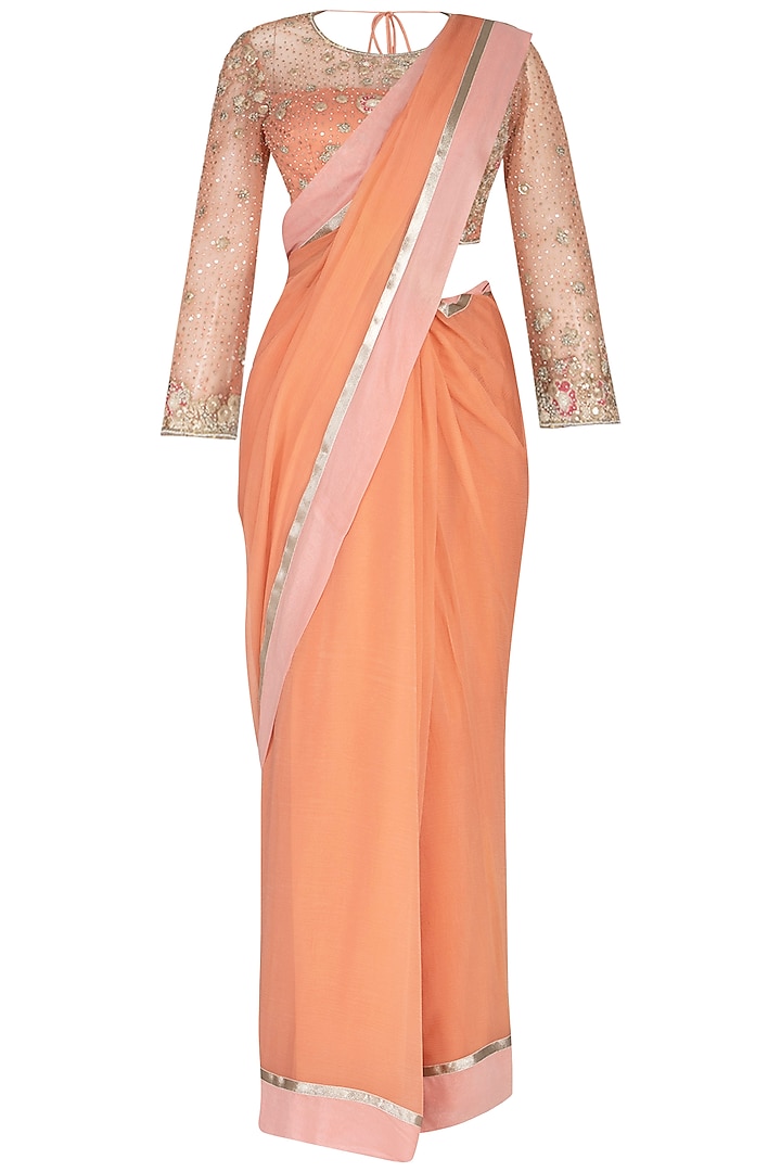 Peach Embroidered Saree Set by Rabani & Rakha at Pernia's Pop Up Shop