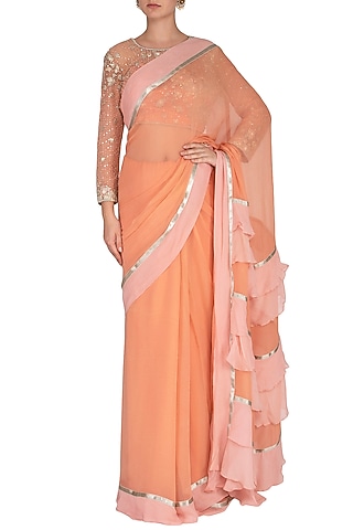 Peach Embroidered Saree Set by Rabani & Rakha