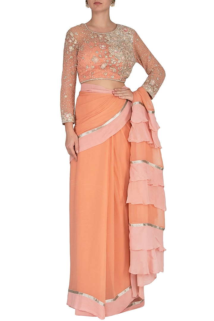 Peach Embroidered Wedding Saree Set by Rabani & Rakha at Pernia's Pop Up Shop