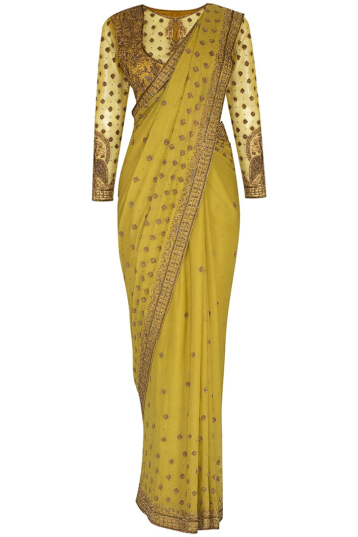 Lime Green Georgette Sequins Embroidered Saree Set by Rabani & Rakha