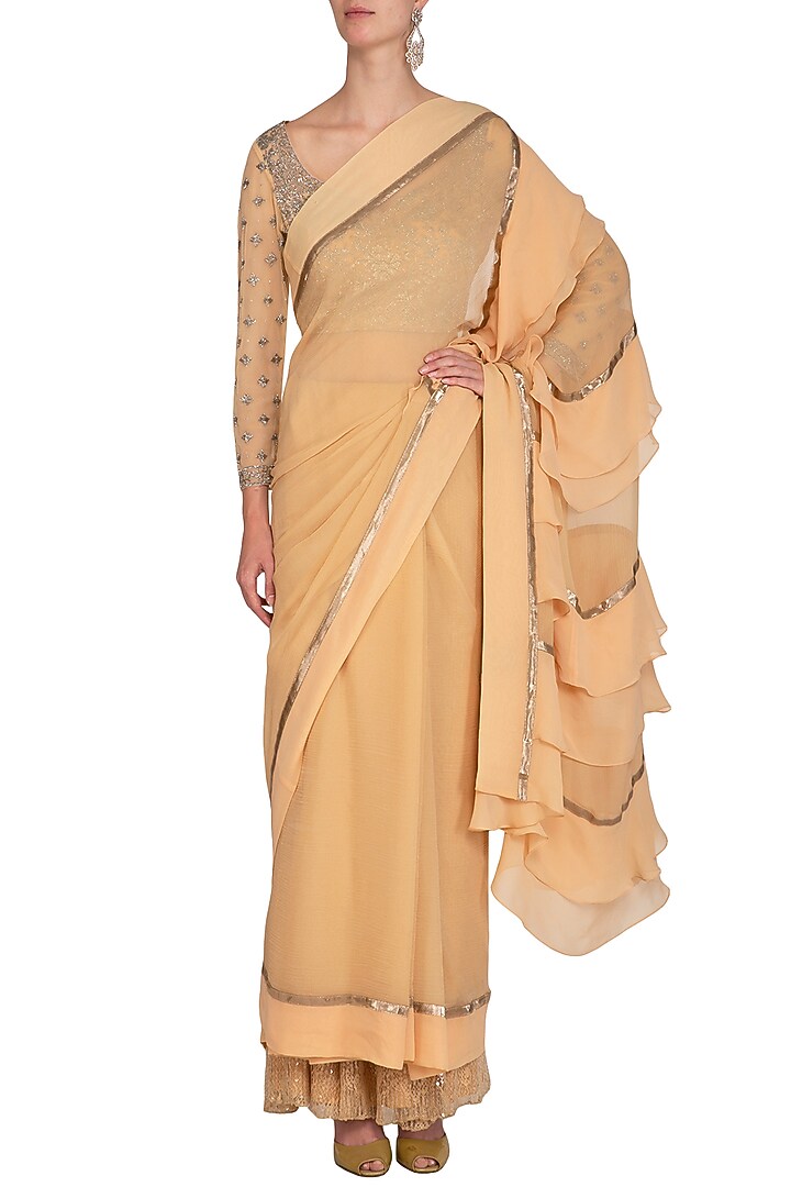 Honey Beige Embroidered Wedding Saree Set by Rabani & Rakha at Pernia's Pop Up Shop