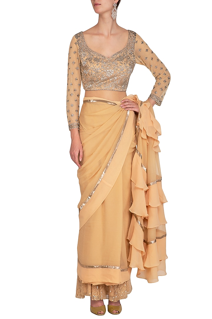 Honey Beige Embroidered Wedding Saree Set by Rabani & Rakha at Pernia's Pop Up Shop