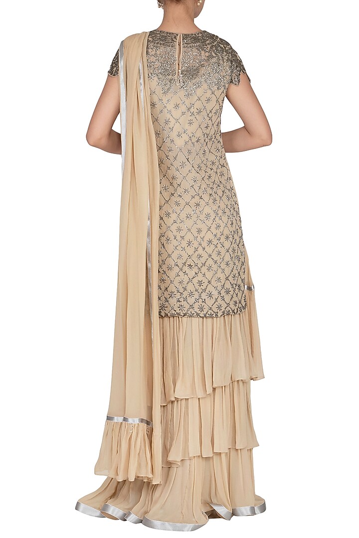 Nude Georgette Hand Embroidered Three-Layered Ruffled Jacket Reception Saree Set by Rabani & Rakha at Pernia's Pop Up Shop