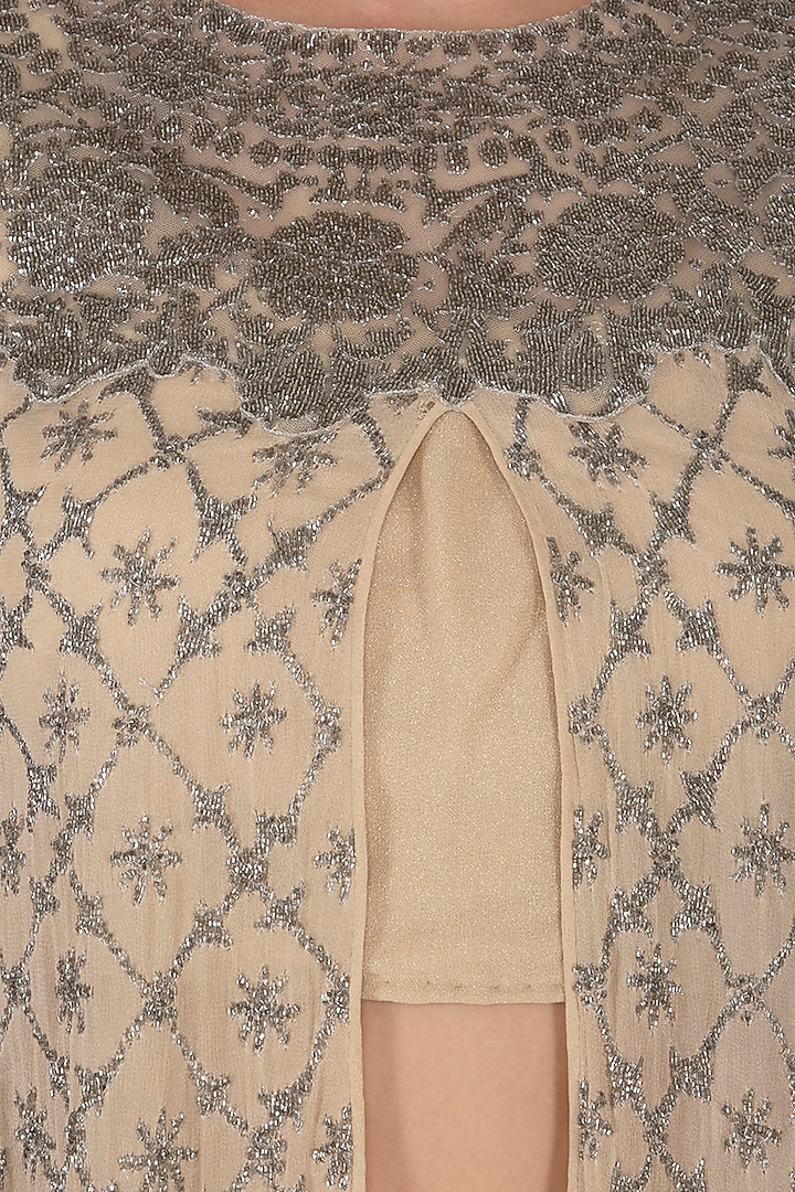 Nude Georgette Hand Embroidered Three-Layered Ruffled Jacket Reception Saree Set by Rabani & Rakha at Pernia's Pop Up Shop