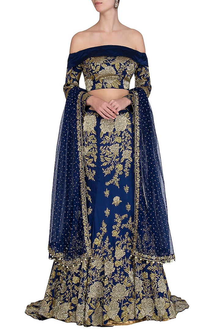 Navy Blue Embroidered Bridal Lehenga Set by Rabani & Rakha at Pernia's Pop Up Shop